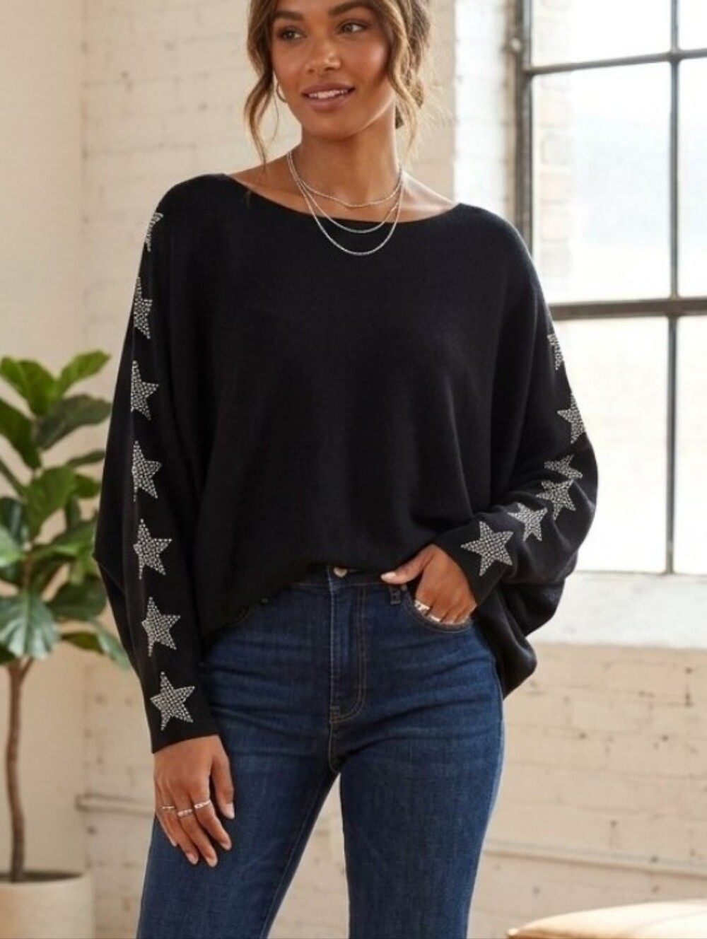 LIV Milano Black Women's Sweater with Star Sleeve Detail Viscose blend Sz L
